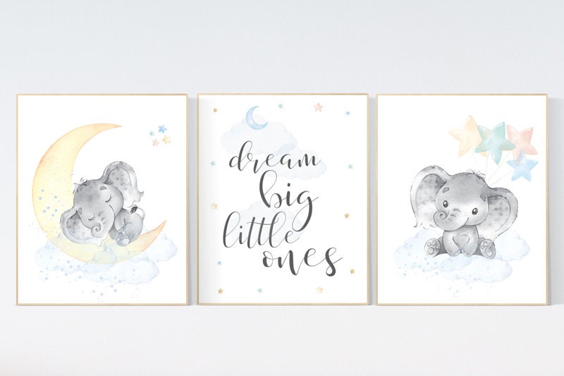 Gender neutral nursery, elephant nursery, nursery wall decor gender neutral, dream big little one, moon, cloud, stars, unisex, twin nursery