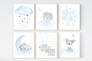 Animal nursery, Nursery decor boy bear, lion, koala nursery art, blue, baby room wall art, boy room, blue gray grey, animal prints