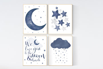 Nursery decor boy navy, nursery wall art boy, moon and stars, navy blue, navy nursery, we love you to the moon and back, boy nursery