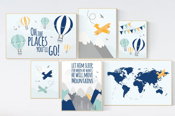 Adventure nursery decor, Nursery decor boy mountains adventure, nursery decor boy airplane, world map nursery, adventure awaits, navy yellow