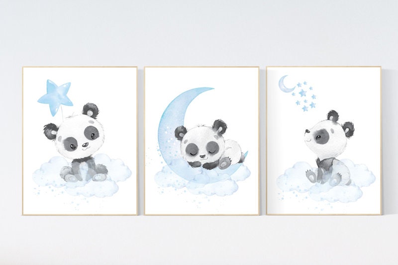 Nursery decor boy, panda nursery wall art, blue and grey, baby room decor boy, panda bear nursery, boy nursery wall art, nursery wall decor