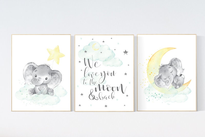 Mint and yellow nursery, gender neutral nursery wall art, moon and stars nursery, baby room decor, twin nursery, mint yellow nursery art