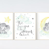 Mint and yellow nursery, gender neutral nursery wall art, moon and stars nursery, baby room decor, twin nursery, mint yellow nursery art