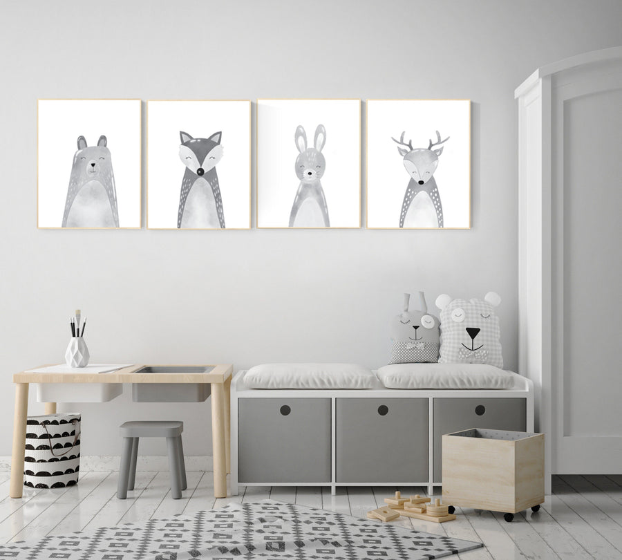 Nursery decor animals, gender neutral, grey nursery wall art, Nursery Animal Print Set, woodland nursery, Safari Animal, gray nursery