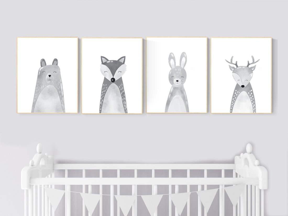 Nursery decor animals, gender neutral, grey nursery wall art, Nursery Animal Print Set, woodland nursery, Safari Animal, gray nursery