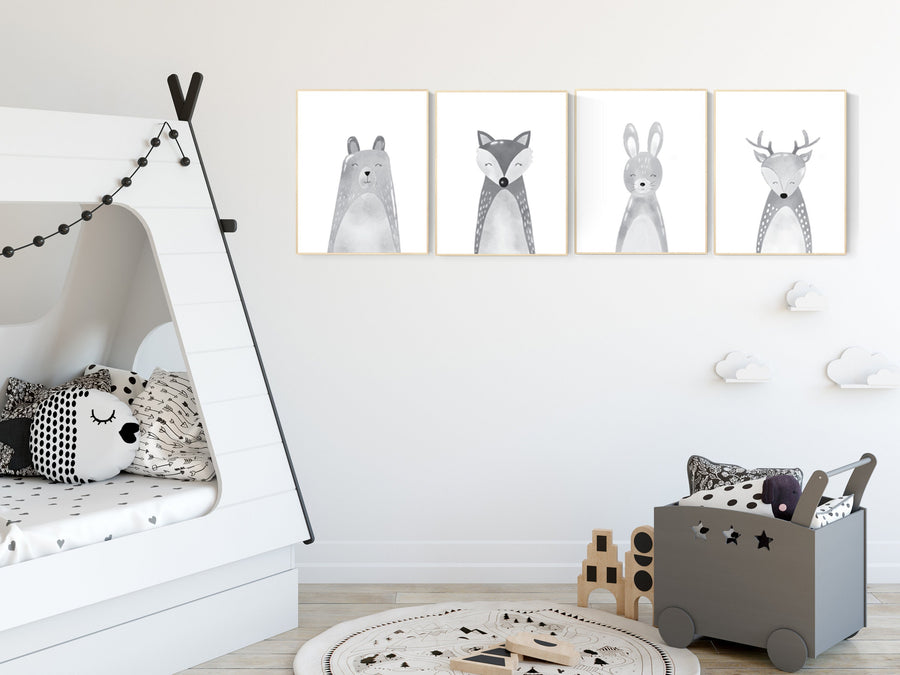 Nursery decor animals, gender neutral, grey nursery wall art, Nursery Animal Print Set, woodland nursery, Safari Animal, gray nursery