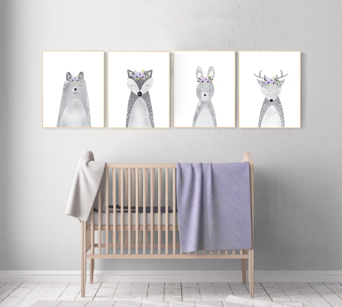 Nursery decor purple, animal nursery, Woodland nursery, lilac nursery, lavender nursery, nursery prints animals, woodland animals, grey
