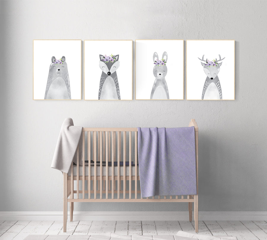 Nursery decor purple, animal nursery, Woodland nursery, lilac nursery, lavender nursery, nursery prints animals, woodland animals, grey