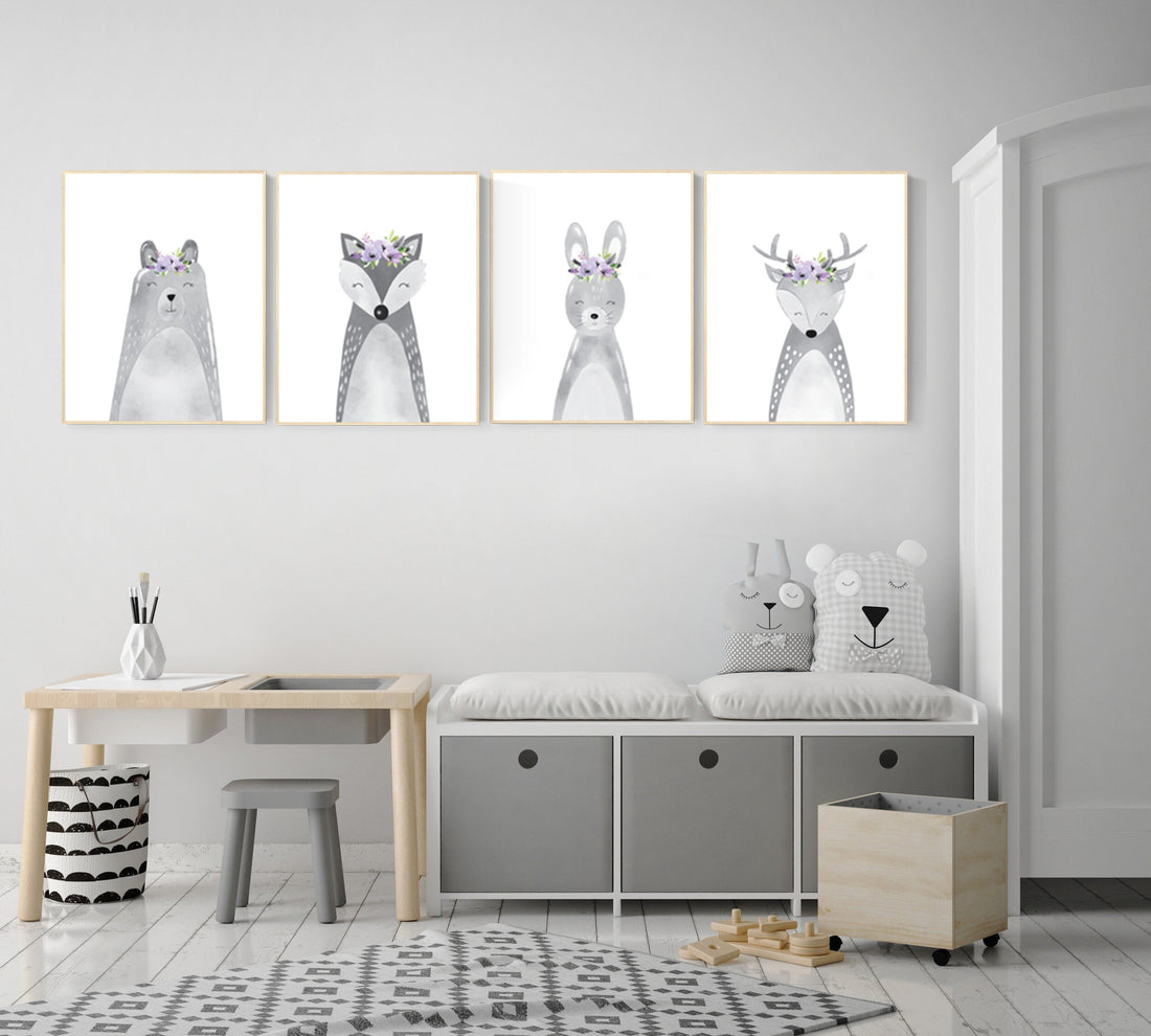 Nursery decor purple, animal nursery, Woodland nursery, lilac nursery, lavender nursery, nursery prints animals, woodland animals, grey