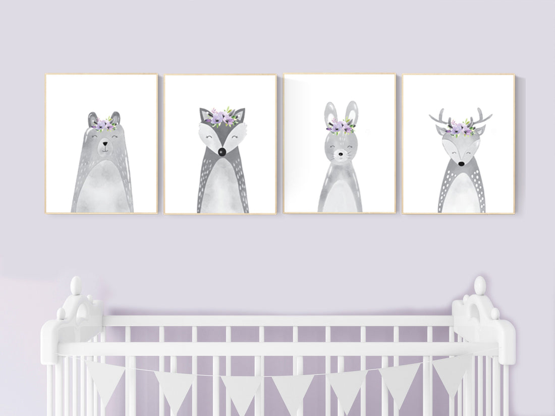Nursery decor purple, animal nursery, Woodland nursery, lilac nursery, lavender nursery, nursery prints animals, woodland animals, grey