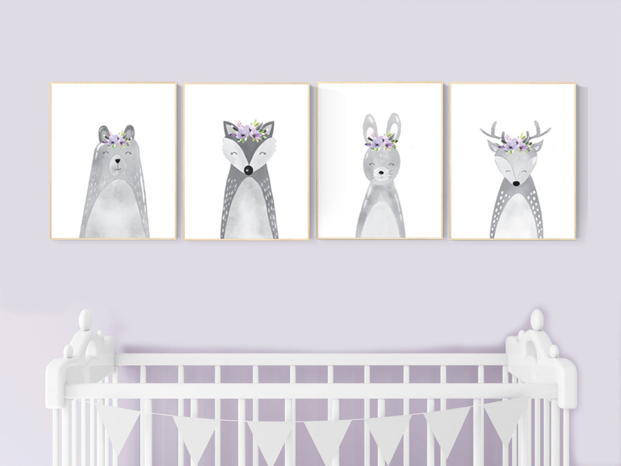 Nursery decor purple, animal nursery, Woodland nursery, lilac nursery, lavender nursery, nursery prints animals, woodland animals, grey