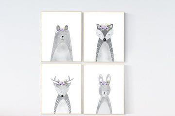 Nursery decor purple, animal nursery, Woodland nursery, lilac nursery, lavender nursery, nursery prints animals, woodland animals, grey