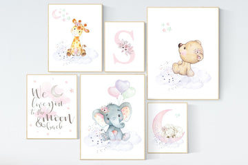 Nursery decor girl animals, nursery prints set, Nursery decor jungle, nursery prints animal, pink nursery art, elephant giraffe sheep bear