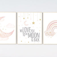 Nursery prints rainbow, blush Nursery decor girl, blush gold nursery wall art, blush pink, moon star, cloud, nursery wall art, sun nursery