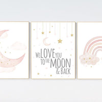 Nursery prints rainbow, blush Nursery decor girl, blush gold nursery wall art, blush pink, moon star, cloud, nursery wall art, sun nursery