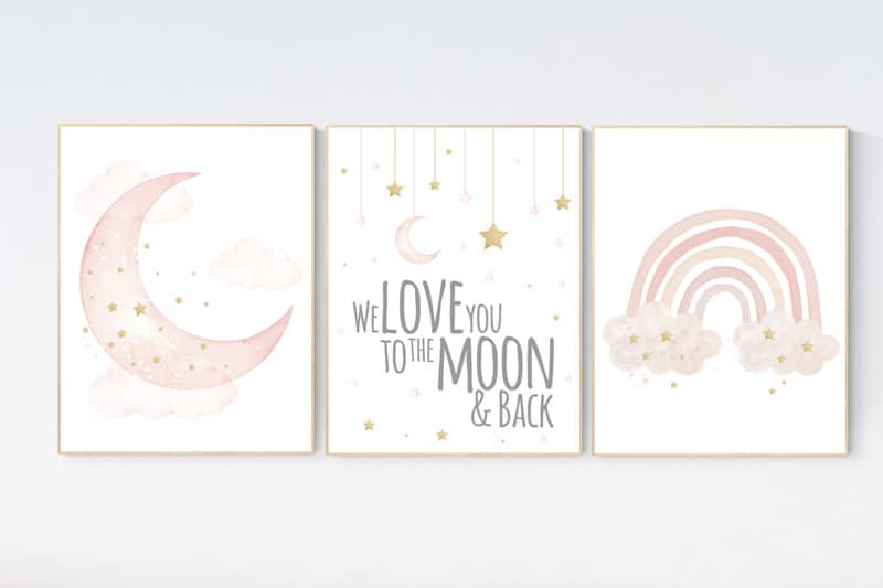 Nursery prints rainbow, blush Nursery decor girl, blush gold nursery wall art, blush pink, moon star, cloud, nursery wall art, sun nursery