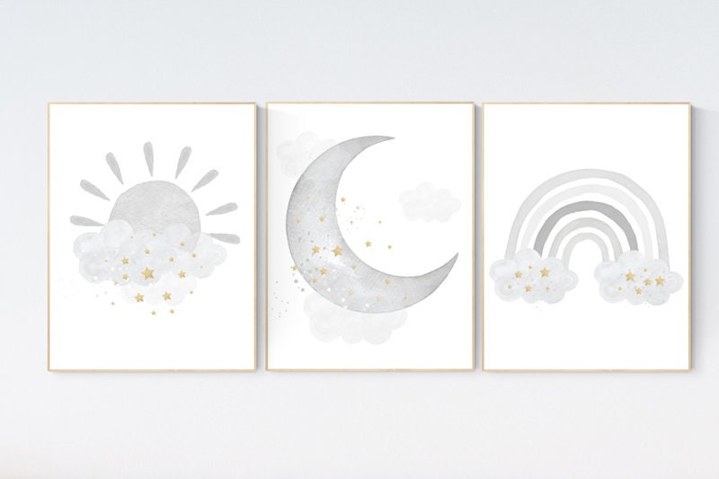 Nursery wall art grey, gray gold nursery, rainbow nursery, nursery decor neutral, baby room decor gender neutral, moon and stars, grey gold