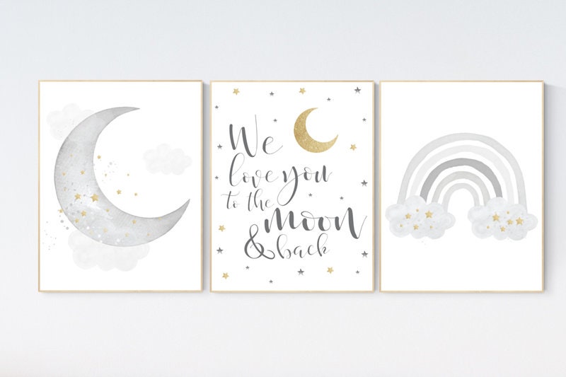 Nursery wall art grey, gray gold nursery, rainbow nursery, nursery decor neutral, baby room decor gender neutral, moon and stars, grey gold