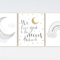 Nursery wall art grey, gray gold nursery, rainbow nursery, nursery decor neutral, baby room decor gender neutral, moon and stars, grey gold