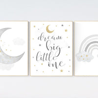 Nursery wall art grey, gray gold nursery, rainbow nursery, nursery decor neutral, baby room decor gender neutral, moon and stars, grey gold