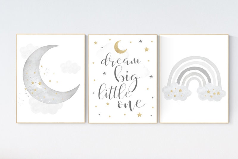 Nursery wall art grey, gray gold nursery, rainbow nursery, nursery decor neutral, baby room decor gender neutral, moon and stars, grey gold