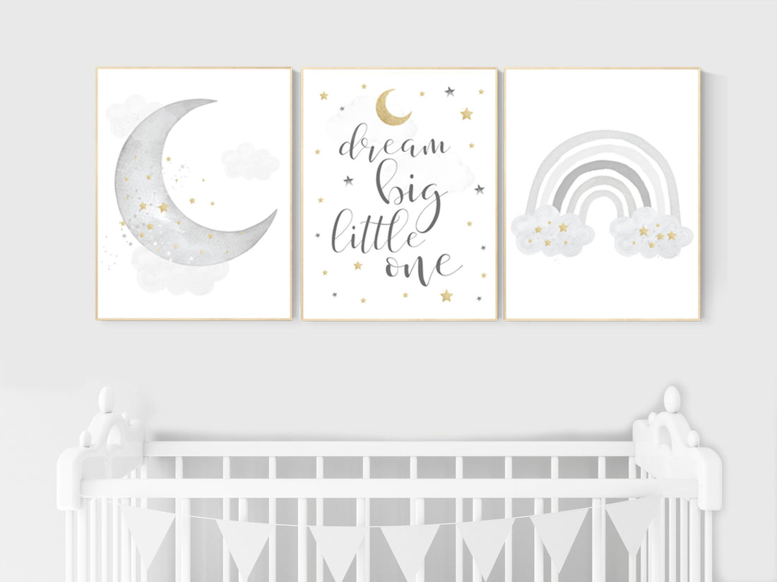 Nursery wall art grey, gray gold nursery, rainbow nursery, nursery decor neutral, baby room decor gender neutral, moon and stars, grey gold