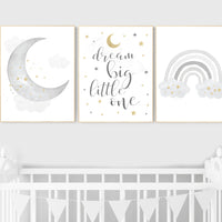 Nursery wall art grey, gray gold nursery, rainbow nursery, nursery decor neutral, baby room decor gender neutral, moon and stars, grey gold