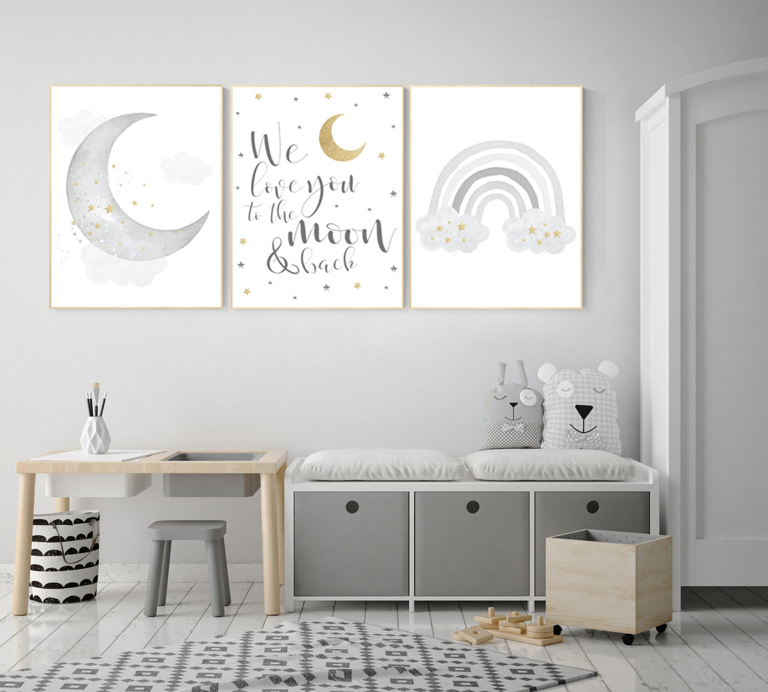 Nursery wall art grey, gray gold nursery, rainbow nursery, nursery decor neutral, baby room decor gender neutral, moon and stars, grey gold