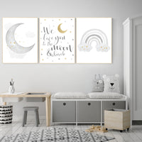 Nursery wall art grey, gray gold nursery, rainbow nursery, nursery decor neutral, baby room decor gender neutral, moon and stars, grey gold