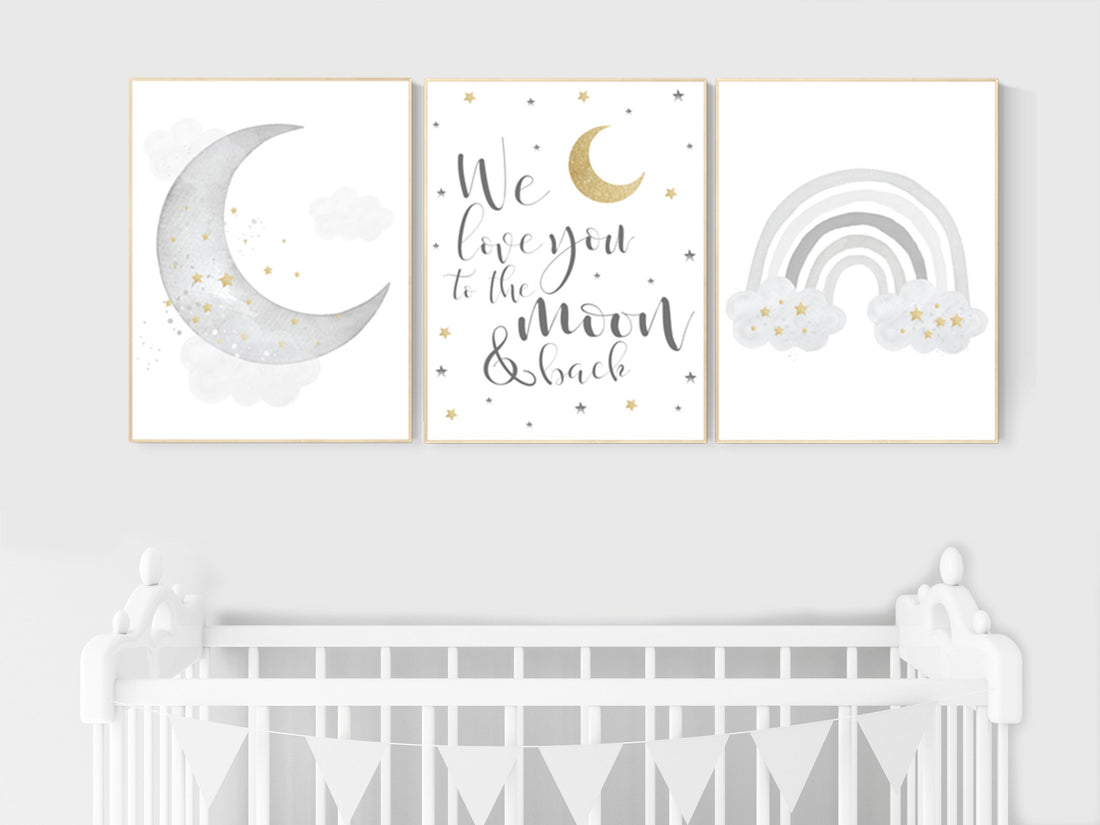 Nursery wall art grey, gray gold nursery, rainbow nursery, nursery decor neutral, baby room decor gender neutral, moon and stars, grey gold