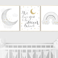 Nursery wall art grey, gray gold nursery, rainbow nursery, nursery decor neutral, baby room decor gender neutral, moon and stars, grey gold