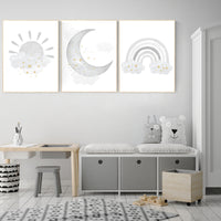 Nursery wall art grey, gray gold nursery, rainbow nursery, nursery decor neutral, baby room decor gender neutral, moon and stars, grey gold