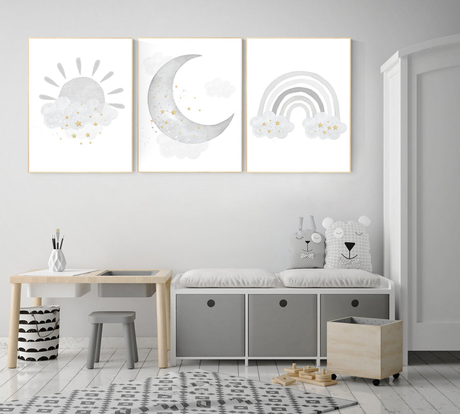 Nursery wall art grey, gray gold nursery, rainbow nursery, nursery decor neutral, baby room decor gender neutral, moon and stars, grey gold