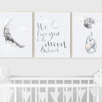 Nursery wall art grey, gray nursery, moon nursery, elephant, gender neutral nursery decor, baby room decor gender, moon and stars