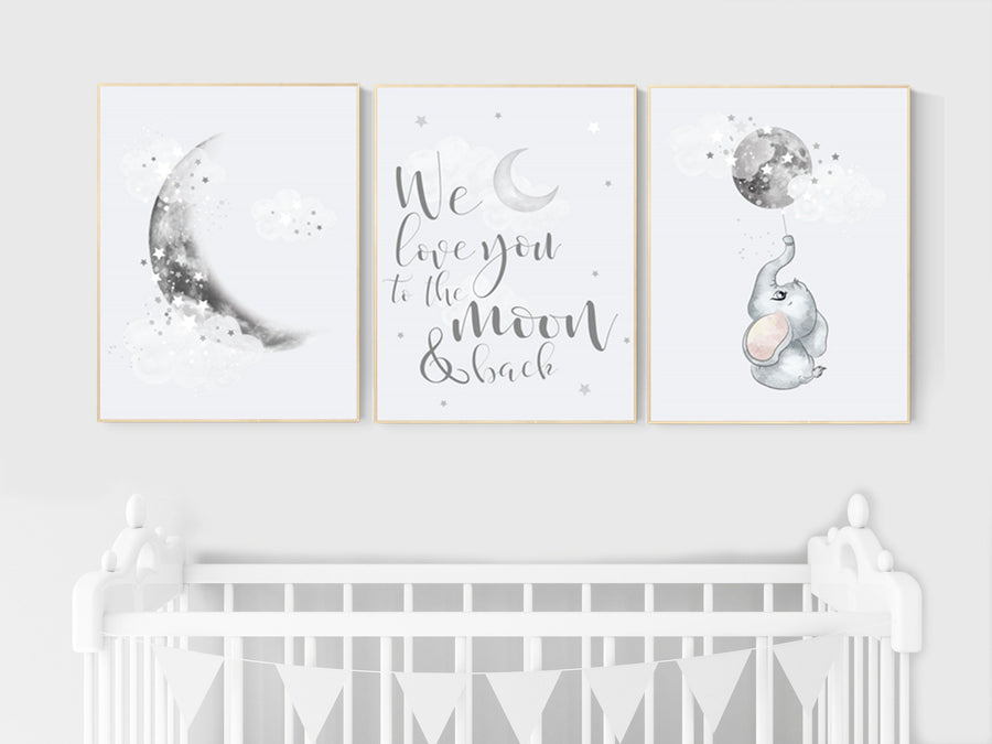 Nursery wall art grey, gray nursery, moon nursery, elephant, gender neutral nursery decor, baby room decor gender, moon and stars