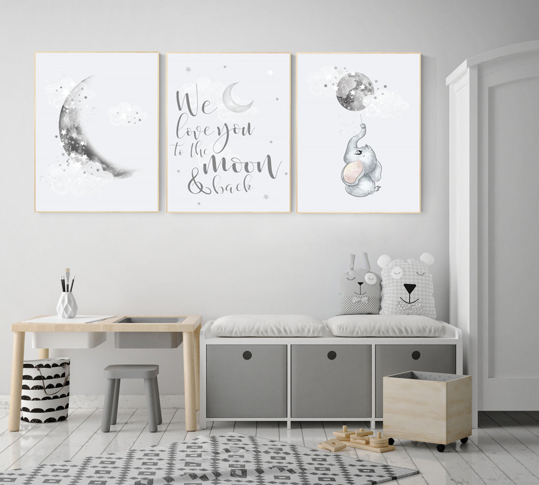 Nursery wall art grey, gray nursery, moon nursery, elephant, gender neutral nursery decor, baby room decor gender, moon and stars