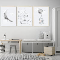 Nursery wall art grey, gray nursery, moon nursery, elephant, gender neutral nursery decor, baby room decor gender, moon and stars