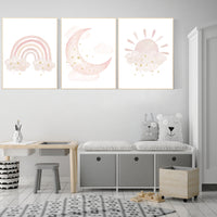 Nursery prints rainbow, blush Nursery decor girl, blush gold nursery wall art, blush pink, moon star, cloud, nursery wall art, sun nursery