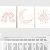 Nursery prints rainbow, blush Nursery decor girl, blush gold nursery wall art, blush pink, moon star, cloud, nursery wall art, sun nursery