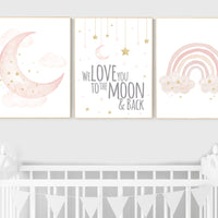 Nursery prints rainbow, blush Nursery decor girl, blush gold nursery wall art, blush pink, moon star, cloud, nursery wall art, sun nursery