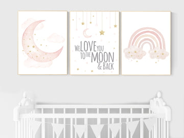 Nursery prints rainbow, blush Nursery decor girl, blush gold nursery wall art, blush pink, moon star, cloud, nursery wall art, sun nursery