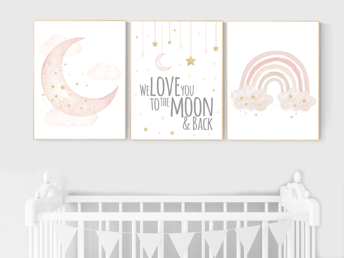 Nursery prints rainbow, blush Nursery decor girl, blush gold nursery wall art, blush pink, moon star, cloud, nursery wall art, sun nursery