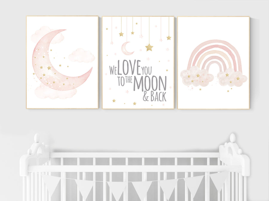 Nursery prints rainbow, blush Nursery decor girl, blush gold nursery wall art, blush pink, moon star, cloud, nursery wall art, sun nursery