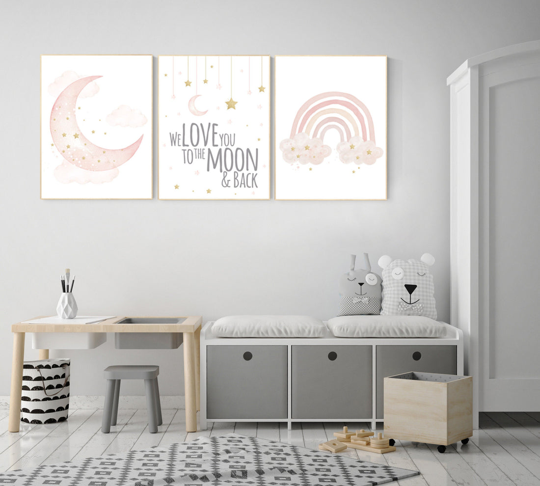 Nursery prints rainbow, blush Nursery decor girl, blush gold nursery wall art, blush pink, moon star, cloud, nursery wall art, sun nursery