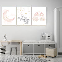 Nursery prints rainbow, blush Nursery decor girl, blush gold nursery wall art, blush pink, moon star, cloud, nursery wall art, sun nursery