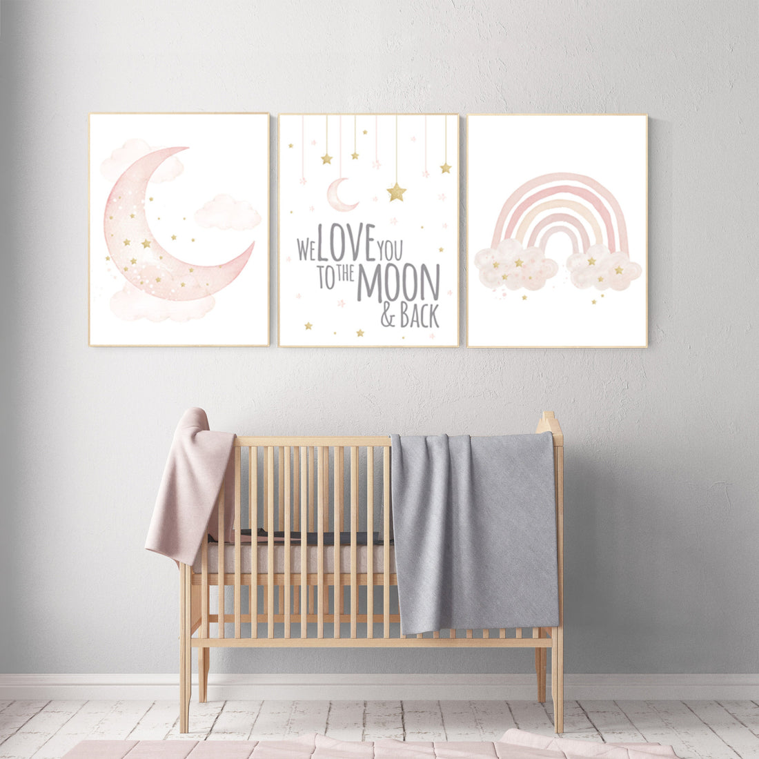 Nursery prints rainbow, blush Nursery decor girl, blush gold nursery wall art, blush pink, moon star, cloud, nursery wall art, sun nursery