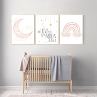 Nursery prints rainbow, blush Nursery decor girl, blush gold nursery wall art, blush pink, moon star, cloud, nursery wall art, sun nursery