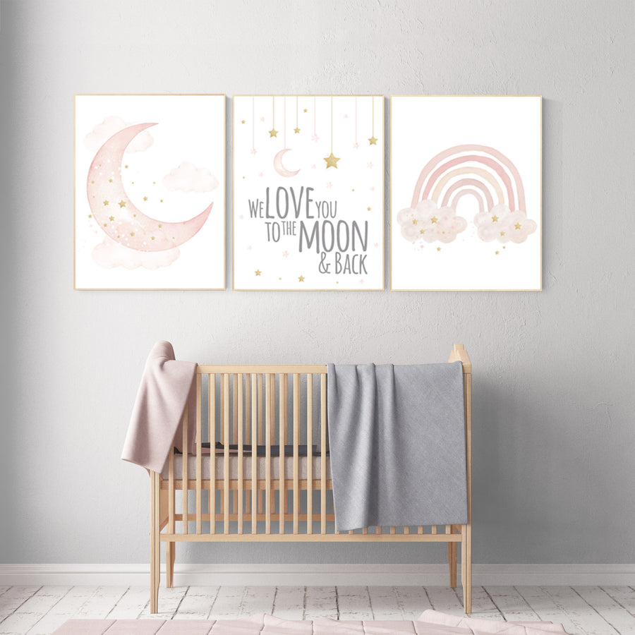 Nursery prints rainbow, blush Nursery decor girl, blush gold nursery wall art, blush pink, moon star, cloud, nursery wall art, sun nursery