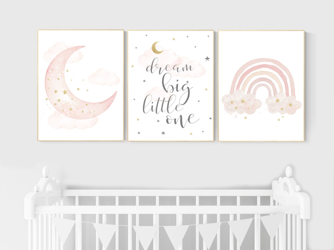 Nursery prints rainbow, blush Nursery decor girl, blush gold nursery wall art, blush pink, moon star, cloud, nursery wall art, sun nursery