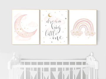 Nursery prints rainbow, blush Nursery decor girl, blush gold nursery wall art, blush pink, moon star, cloud, nursery wall art, sun nursery